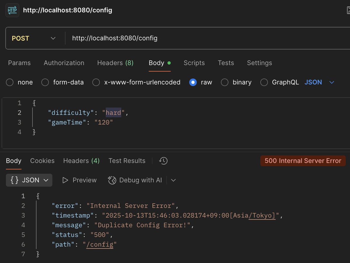 not_2564's tweet image. 学習項目: Java Webアプリ開発編 Day10
課題:例外処理の対応・実装
Post config = 設定の登録
Post updateEnemyScore = 設定の更新
Post config = 500 Error = 例外処理の確認
学習時間:2h #デイトラ #Javaコース