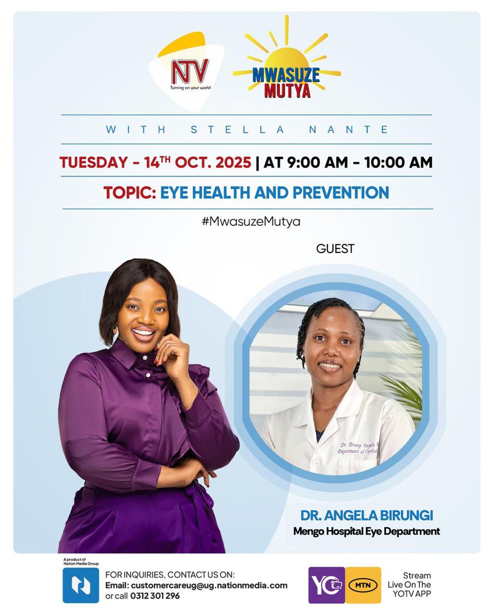 Tune in tomorrow <a href="/ntvuganda/">NTV UGANDA</a>, learn about eye health. <a href="/OSUsocietyofug/">Ophthalmology Society of Uganda</a> <a href="/EyeMengo/">MENGO EYE HOSPITAL</a>
