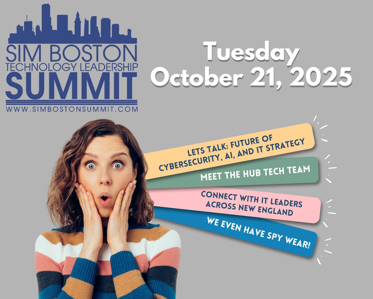 hubtechnical's tweet image. 🏟️🏈We’re headed to #GilletteStadium!
#HUBTech is proud to be an Anchor Sponsor at the #SIMBoston Technology Leadership Summit on 10/21
🗣️Lets talk: Cybersecurity, #AI, and IT strategy
👓Pick up a pair of FREE Spy Glasses