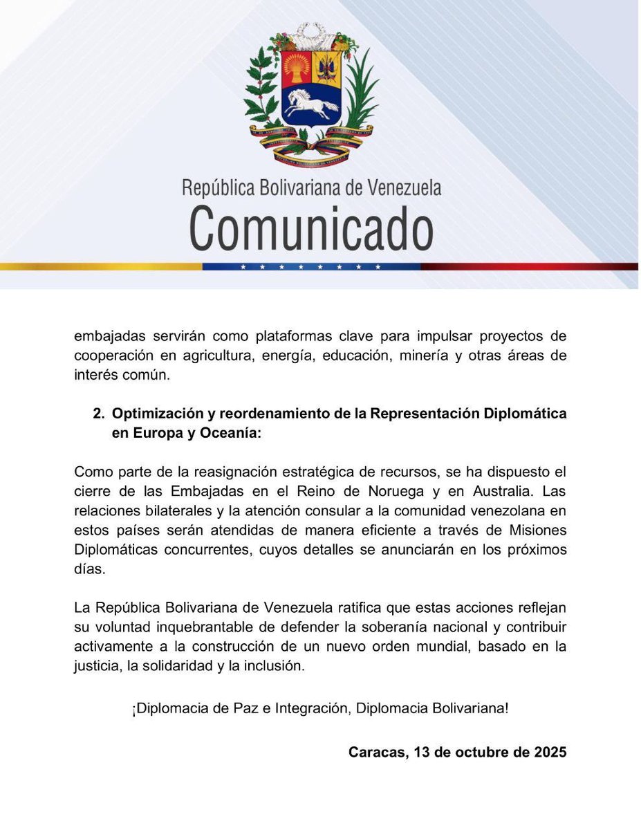 #AHORA | Respuesta de la tiranía de Maduro al Nobel de María Corina:

Anuncia cierre de su embajada en Noruega.