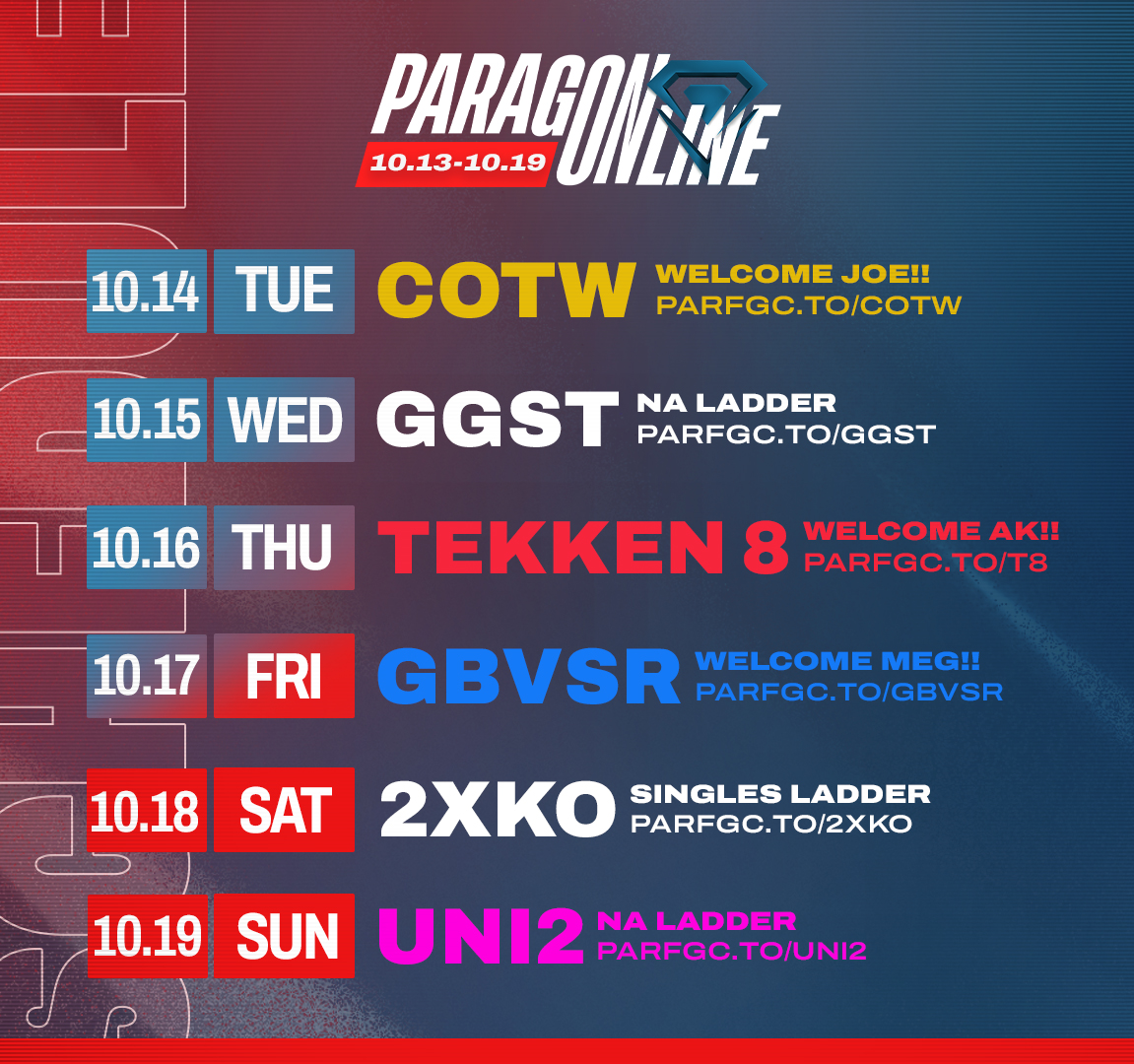 💠 ParagOnline's Biggest Week Yet!

🌪️ Joe storms the competition in COTW!
😾 Armor King Makes an Entrance in T8!
🦈 GBVSR ALL FT3 and Meg Legal!
🌃 Our first ever Under Night event!

🎮 Sign Up at parfgc.to/TOURNEYS
📺 Check out VODs at parfgc.to/youtube