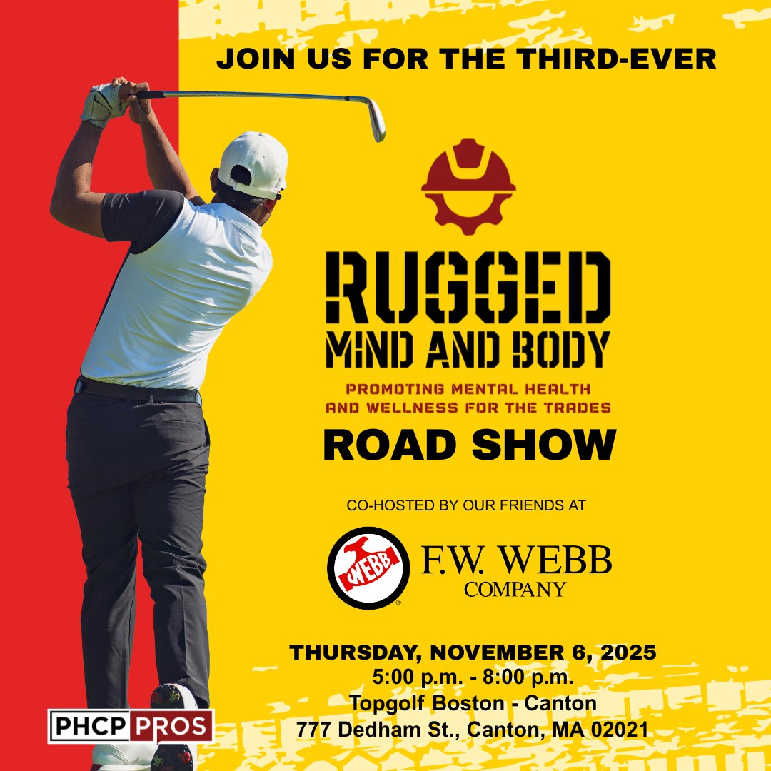phcppros's tweet image. PHCPPros is thrilled to announce we're co-hosting our next #RUGGEDMindandBody Road Show with @fwwebb at Topgolf Boston - Canton on November 6!
Learn more and RSVP for this FREE event for tradespeople and members of the PHCP community: ow.ly/Ns1x50XaEzX