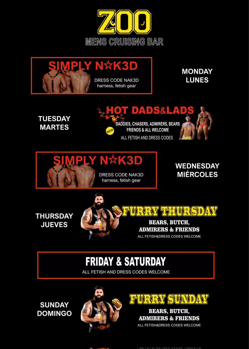 Our WEEKLY AGENDA!
Different Theme Nights and Special Parties!
start 22h
10€ Entry 1Drink Included!
Guarded Cloakroom 
Smoking Terrace 
❄️ Industrial Ventilation 
Over 300m² of Fun&amp;Cruising
zoo-mens-bar.com
#gaycruising #gaygrancanaria #gaybears #fetishclub #beargay