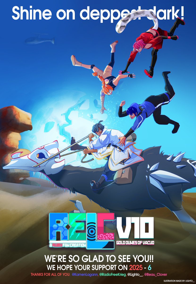 'On the endless desert, at the final lap, they're still together'
NEW RELC ART AFTER A LOOONG TIME SO ENJOY

Team RELC members property of <a href="/RadioFreeKrieg/">RadioFreeKrieg</a> <a href="/Beau_Clover/">Clover☘️ COMMS CLOSED</a> <a href="/KamenLagann/">KamenNoodles🦋 (Comms open!)</a> and me!

#RELC #RWBYOC #RWBYAU