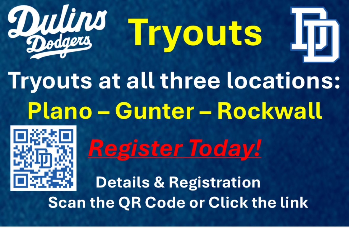 Register for Dulins Dodgers Tryouts Today!
dulinsdodgerstx.com/tryouts