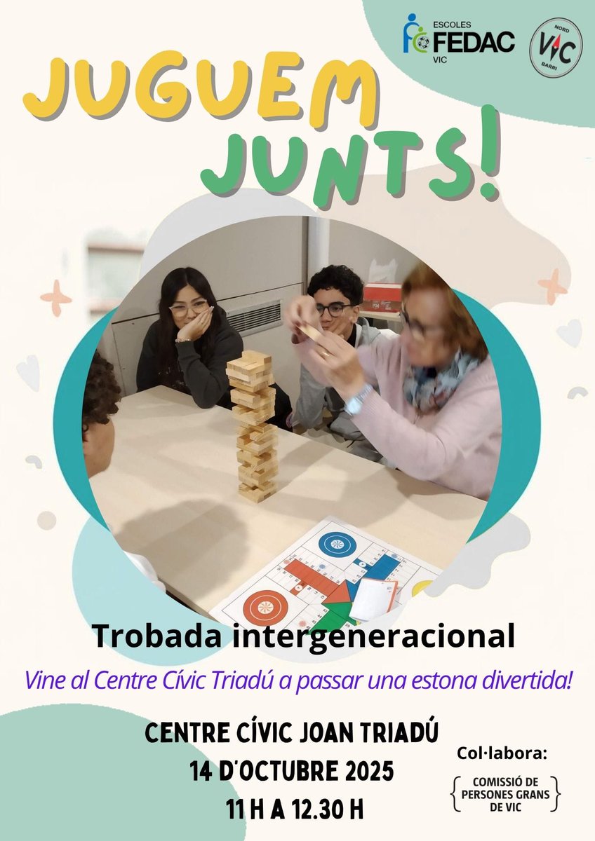 [Trobada intergeneracional] 
❗️RECORDEU! Demà trobada intergeneracional
🧐Vols venir a passar una estona divertida? Matí de jocs amb els alumnes del <a href="/FEDACVic/">FEDAC Vic</a>
📆Dimarts 14 d'octubre al <a href="/CCVicJoanTriadu/">Centre Cívic Joan Triadú</a> 
⏰ 11h
Organitza <a href="/Barri_Vic_Nord/">Barri Vic Nord</a>