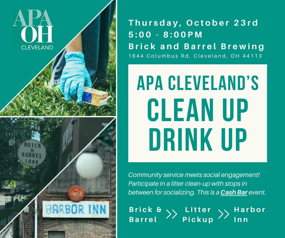 APA_CLE's tweet image. Join APA CLE for a fun night of community + connection at our APA CLEan Up Drink Up event!

🗓️ Oct 23 | 5–8 PM
📍 Brick &amp;amp; Barrel → Harbor Inn

Add to your calendar 👉 calendar.app.google/XkQvBBSoDgpPZ7…
