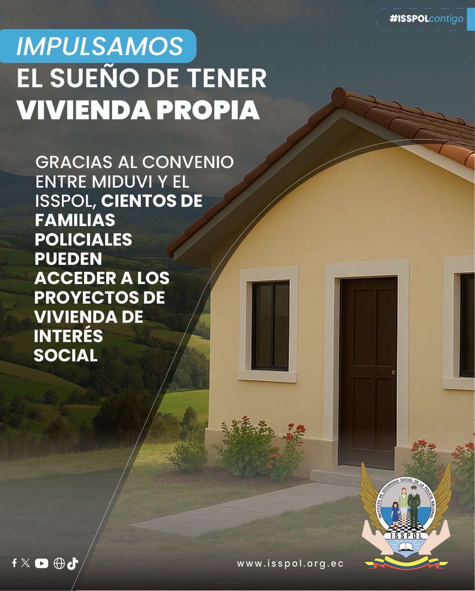 🏠 El ISSPOL impulsa el acceso a vivienda propia

Con préstamos hipotecarios y en coordinación con el MIDUVI, fortalecemos el bienestar de las familias policiales.

🔗 Condiciones: bit.ly/3ILYhxL
🔗 Crédito: bit.ly/3Whf4fa
🔗 Proyectos: bit.ly/4pPoSuk