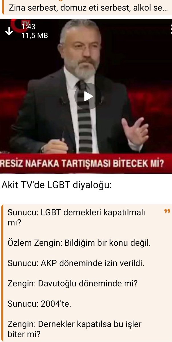 Akit TV'de LGBT (eşcinsellik )
diyaloğu:

Sunucu: LGBT dernekleri kapatılmalı mı?  

Özlem Zengin: Bildiğim bir konu değil.  

Sunucu: AKP döneminde izin verildi.  

Zengin: Davutoğlu döneminde mi?  

Sunucu: 2004'te.  

Zengin: Dernekler kapatılsa bu işler biter mi?