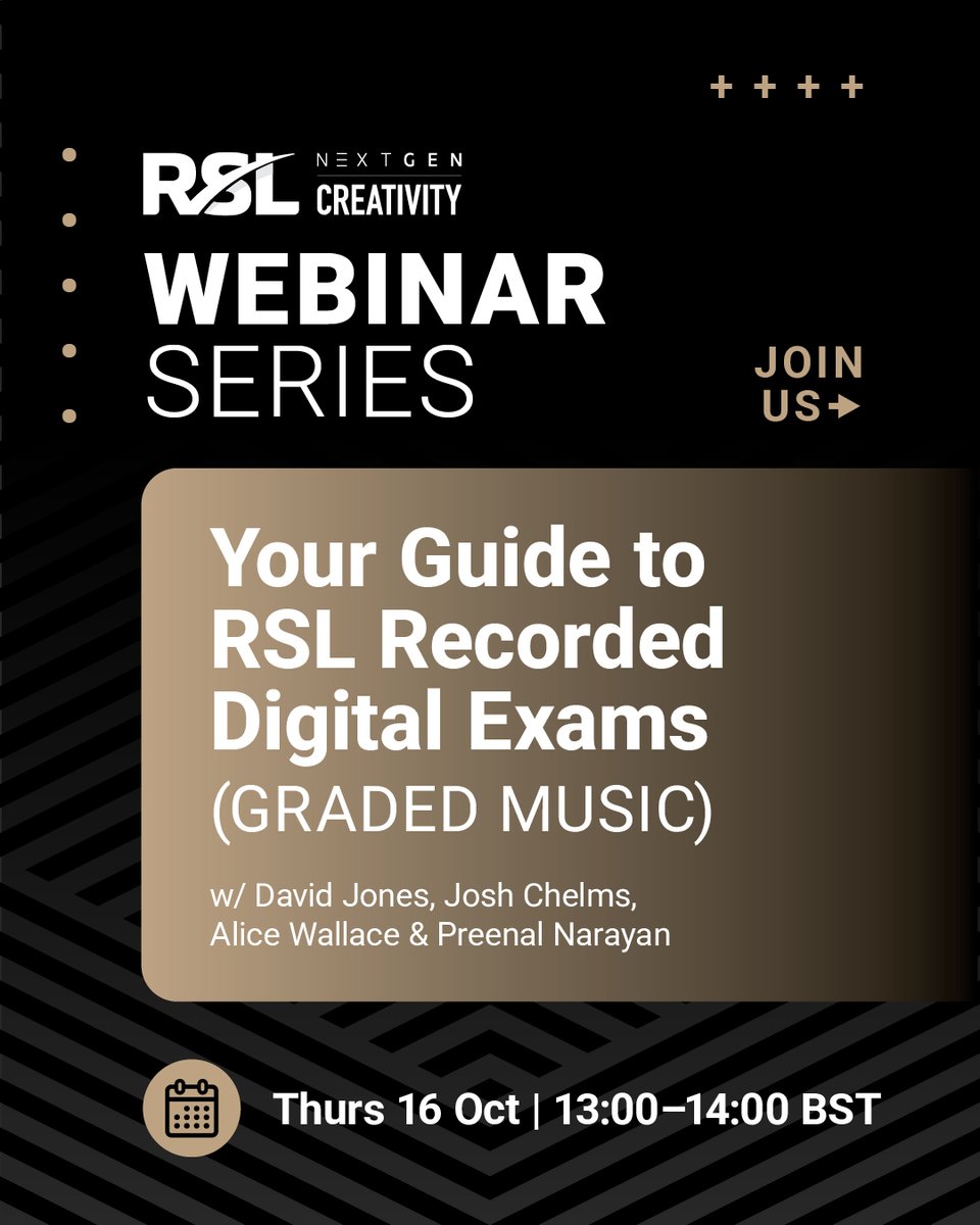 Got questions about Recorded Digital Exams? 🎶
Join us Thurs 16 Oct, 1–2pm BST for a live session with the RSL Awards team!
Learn how to record, upload &amp; submit your exam + get your questions answered live.

👉 Save your spot: bit.ly/4n2RRZ9
#RSLAwards #GradedMusicExams