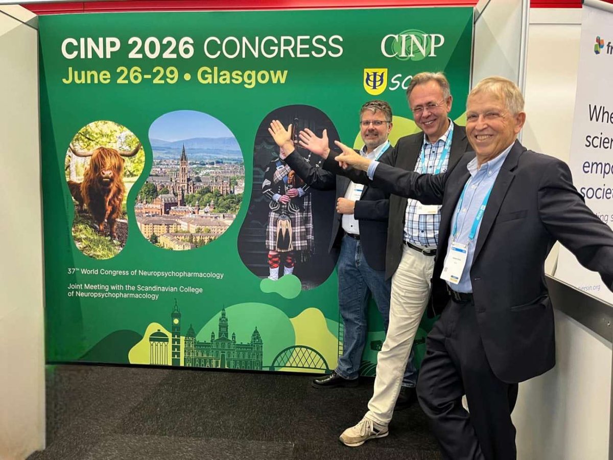 Day 3 at #ECNP2025!
With Joseph Zohar, Dan Rujescu &amp; Gregers Wegener proudly pointing to Glasgow inviting you all to join us there!

Congrats to today’s winners:
🏆Zaida Gutiérrez Hervás (#cinp2026 free registration)
🏆Ayse Süleyman (highland cow)

Last chance to win: tomorrow!