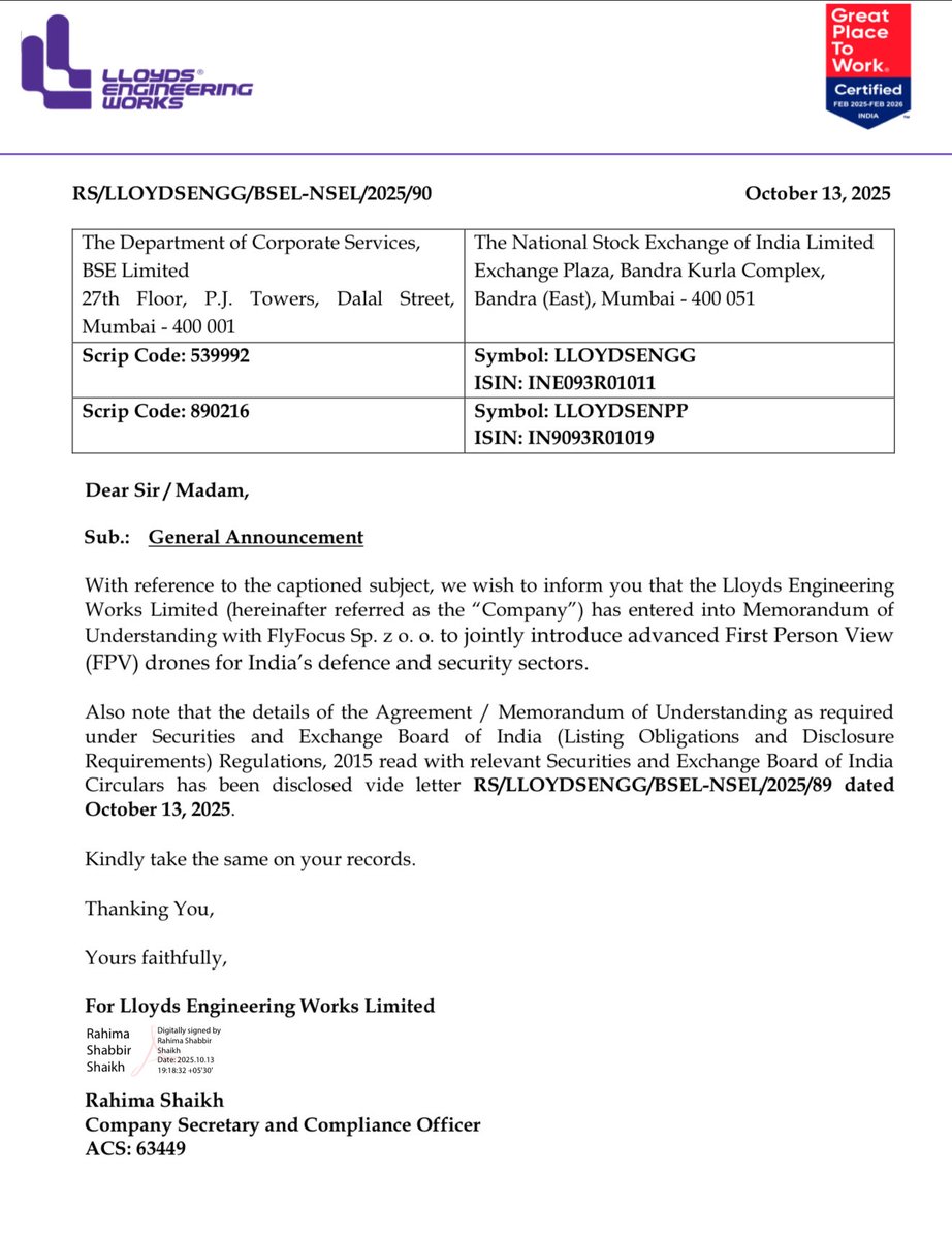 Prefmarkits's tweet image. Lloyds Engineering: 61

Today on 13.10.2025,

Lloyds Engineering has entered into MOU with FlyFocus Sp. z o. o.(Poland based) to jointly introduce advanced First Person View (FPV) drones for India’s defence and security sectors.

Keep on Radar.

#lloydsengineering