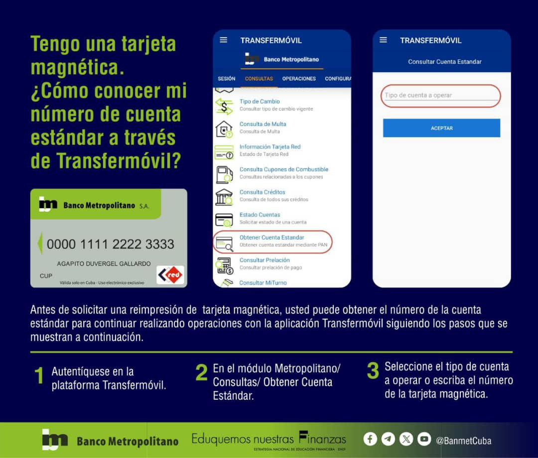 ¡Cómodo y seguro!
¿Cómo conocer la cuenta estándar a la que está asociada su tarjeta magnética? Esto le permitirá continuar recibiendo los servicios bancarios por Transfermóvil y por caja en las sucursales bancarias, cuando solicite reimprimir su tarjeta por la propia aplicación
