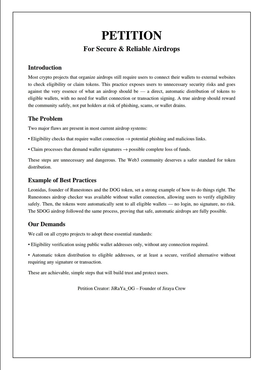 In 2025, requiring a wallet connection to verify eligibility or claim an Airdrop is completely unacceptable! 

This digital petition was created to make our voices heard loud and clear. 

To validate your signature, like, repost, and comment on this post.

#AirdropSecurity #Web3