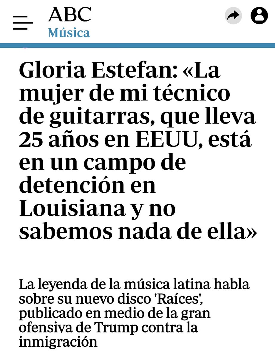 «La mujer de mi técnico de guitarras, que lleva 25 años en EEUU, está en un campo de detención en Louisiana y no sabemos nada de ella» 

Gloria Estefan
Cantante ultraderechista.

Votan a Trump y luego se quejan.