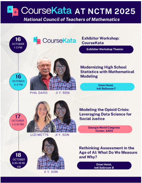 ✨ CourseKata at NCTM 2025! 

We’re excited to share that CourseKata will be at the National Council of Teachers of Mathematics (NCTM) Conference in Atlanta, GA, October 16-18 with multiple sessions you won’t want to miss! 

📄 Check out the flyer for session details and times!