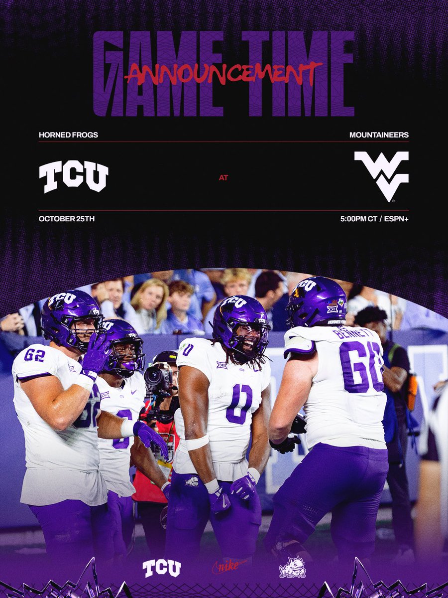🚨 GAME TIME ANNOUNCEMENT 🚨 

Our Oct. 25th game at West Virginia will kickoff at 5:00PM CT on ESPN+‼️

#GoFrogs 🐸 #ForTheWorthy