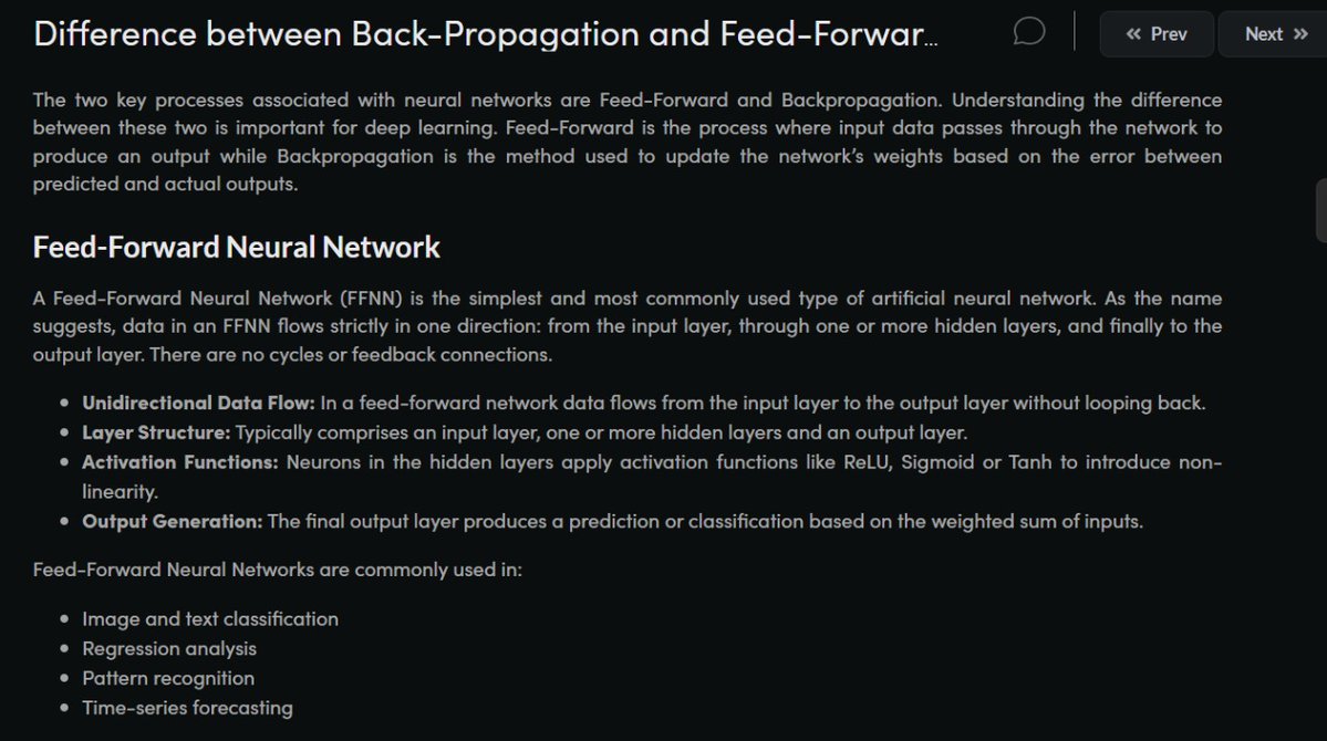 IamAni_0709's tweet image. 🎯 Nation SkillUp-Day 71!
Continued my Journey of Data Science. Learned about the difference between Backpropagation and Feed-Forward Neural Network.
🔗 Course: geeksforgeeks.org/courses/ds-16
#Skillupwithgfg #Nationskillup #geeksforgeeks
@geeksforgeeks
