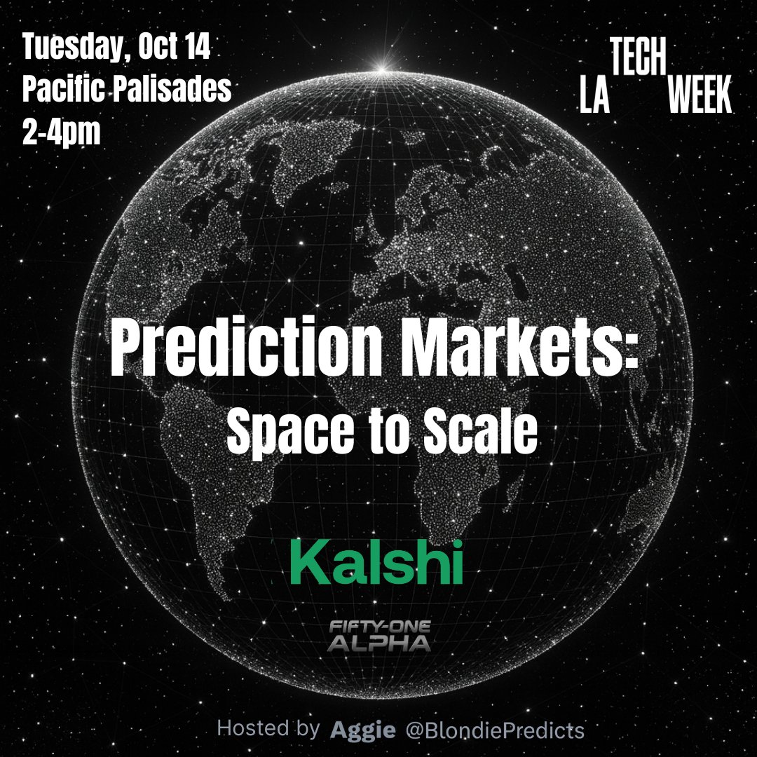 fiftyonealpha's tweet image. Happy @Techweek_ LA! Tomorrow afternoon we’re taking prediction markets IRL in Pacific Palisades #LATechWeek #TechWeek