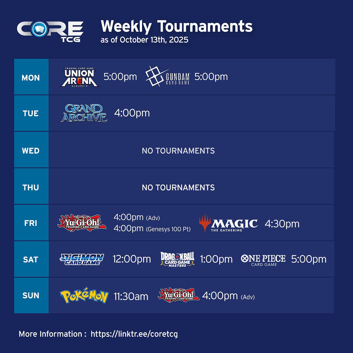 CoreTCG's tweet image. Updates to local tournaments.
- Lorcana has been removed from Monday
- Yugioh Genesys 100 PT has replaced Edison on Friday 
- One Piece has changed from 4 to 5PM

#CoreTCG
