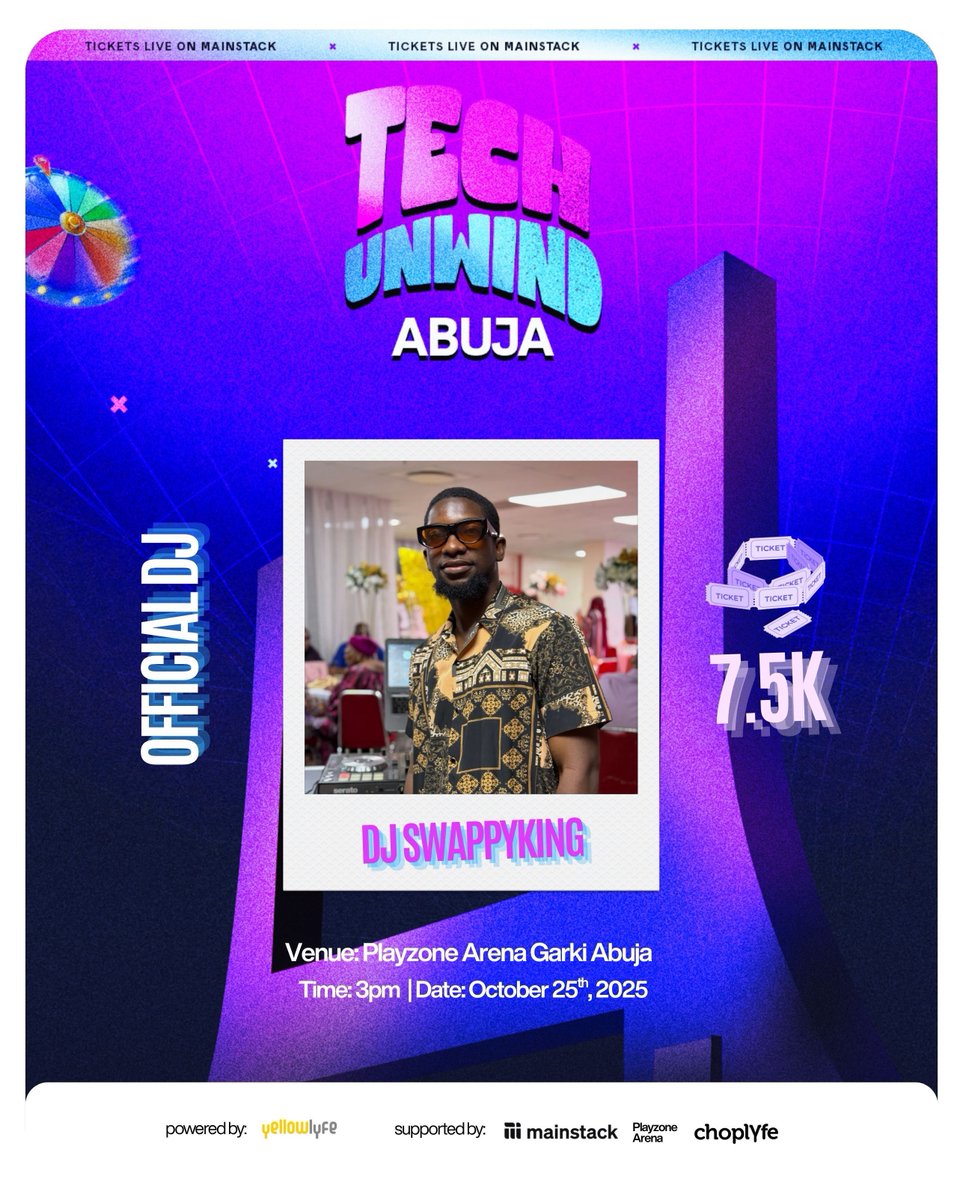 TechUnwind_'s tweet image. Your Weekend Is About to Get LIT!🔥
DJ SwapKing @djswapking would be live at #TechUnwindAbuja & it’s about to be pure madness!
Early bird tickets are still selling out fast
Single - #7,500 || Squad of 5 - #32,500 || VIP tickets -#32,000
October 25th || 3 PM || PlayZone, Abuja