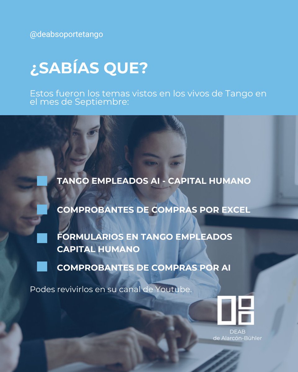 DEABTango's tweet image. ¿SABÍAS QUE?

Estos fueron los temas vistos en Tango en
el mes de Septiembre:

Tango Empleados AI - Capital Humano
Comprobantes de Compras por Excel
Formularios en Tango Empleados - Capital Humano
Comprobantes de Compras por AI

Podes revivirlos en YouTube.

#tangosoftware #deab