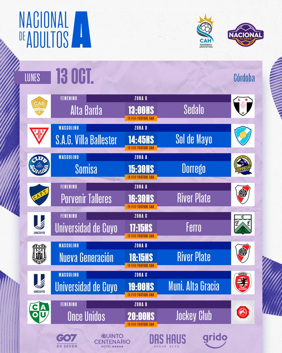 🔛 Ponemos primera en el Nacional De Clubes Adultos "A" 🔝

El Polideportivo de Alta Gracia y el IPEF serán las sedes principales del certamen que se estarán jugando en la provincia de Córdoba hasta el próximo sábado.

💻 Todos los partidos en vivo por: youtube.com/@handball.arge…