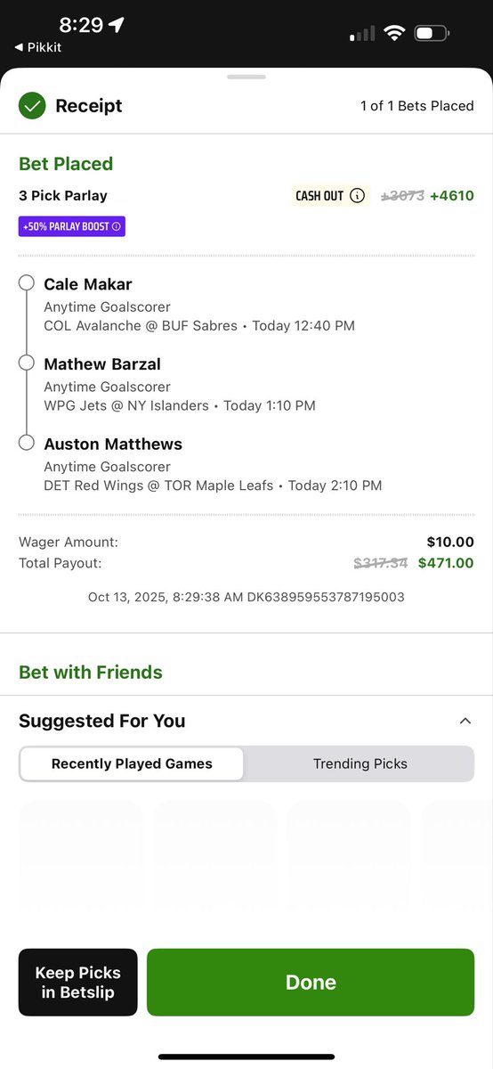 YetiBets1776's tweet photo. Letβs gooo π₯π₯
.2 on this boosted Anytime Goalscorer 3-leg parlay β Makar ποΈ, Barzal π§, Matthews π.
$10 to win $471 after the +50% boost.
Early puck drop slateβ¦ weβre hunting GOALS ONLY today ππ₯
#NHLBets #GoalScorerParlay #YetiPicks #BettingCommunity #LetsCash #NHLPicks https://t.co/2ehw49gSe9