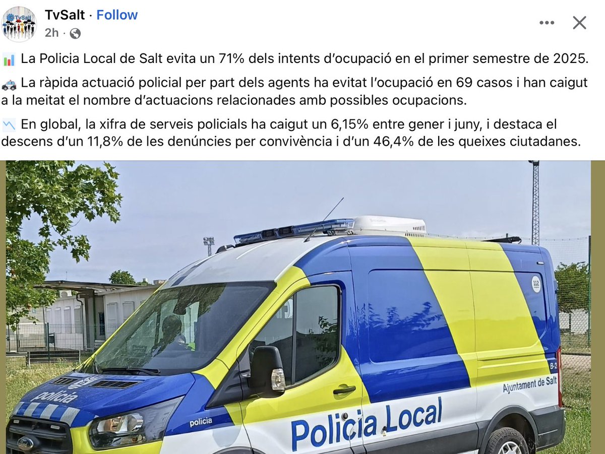 La Policia Local de <a href="/ViladeSalt/">Ajuntament de Salt</a> PERMET el 29% dels intents d’ocupació en el primer semestre de 2025, segons <a href="/TVSalt/">Televisio vila de Salt</a> 

Això necessita millorar <a href="/SergiFabri/">Sergi Fabri</a>