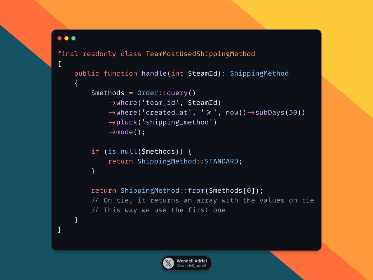 wendell_adriel's tweet image. Laravel Tip 🚀
Do you know the mode() method from Laravel Collections? It returns the most frequent value for a given collection (or key).
In the example, we use it to auto-select the most-used shipping method from the last 30 days per team, also handling ties! 🔥