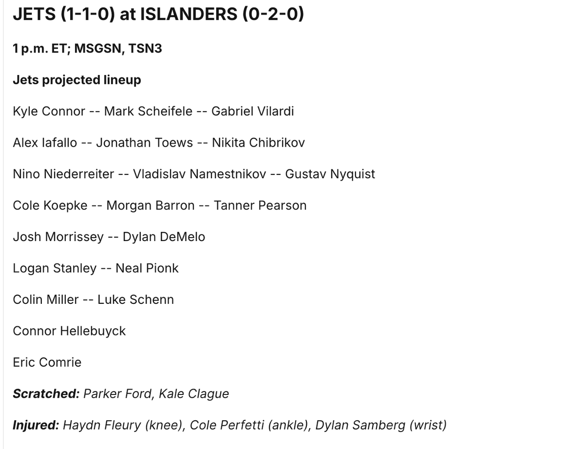 For @NHLdotcom, line projections/notes for #Isles vs. #GoJetsGo: 