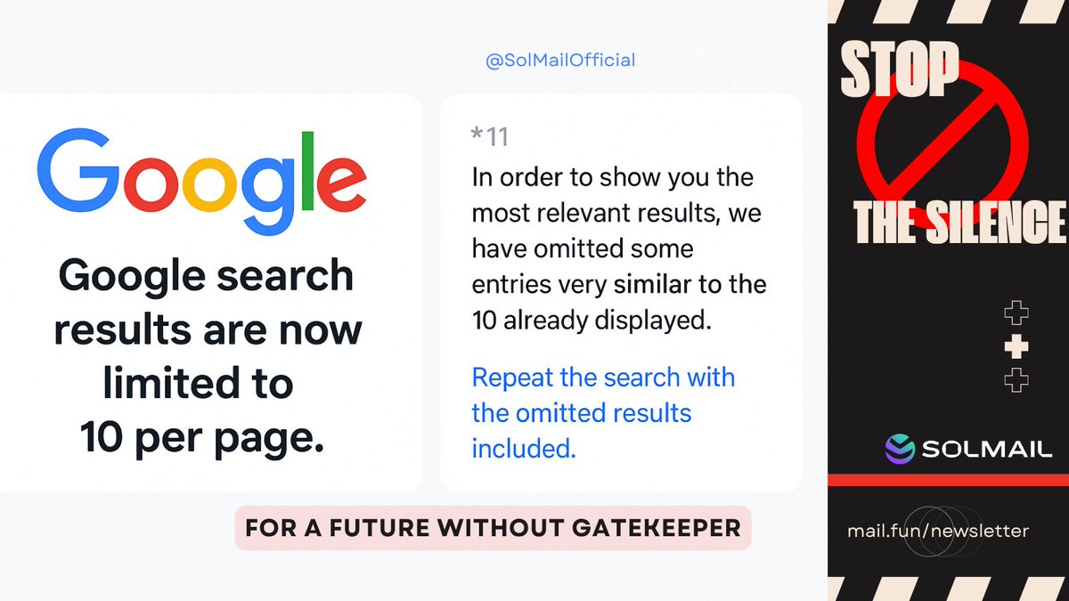 SolMailOfficial's tweet photo. Google just quietly limited search results to 10 per page.
That’s right — the world’s biggest discovery engine just buried the long tail of the internet.

Creators, projects, and small builders just got… harder to find.

Let’s talk about why on-chain newsletters matter more than ever. ✉️

#SolMail #Web3