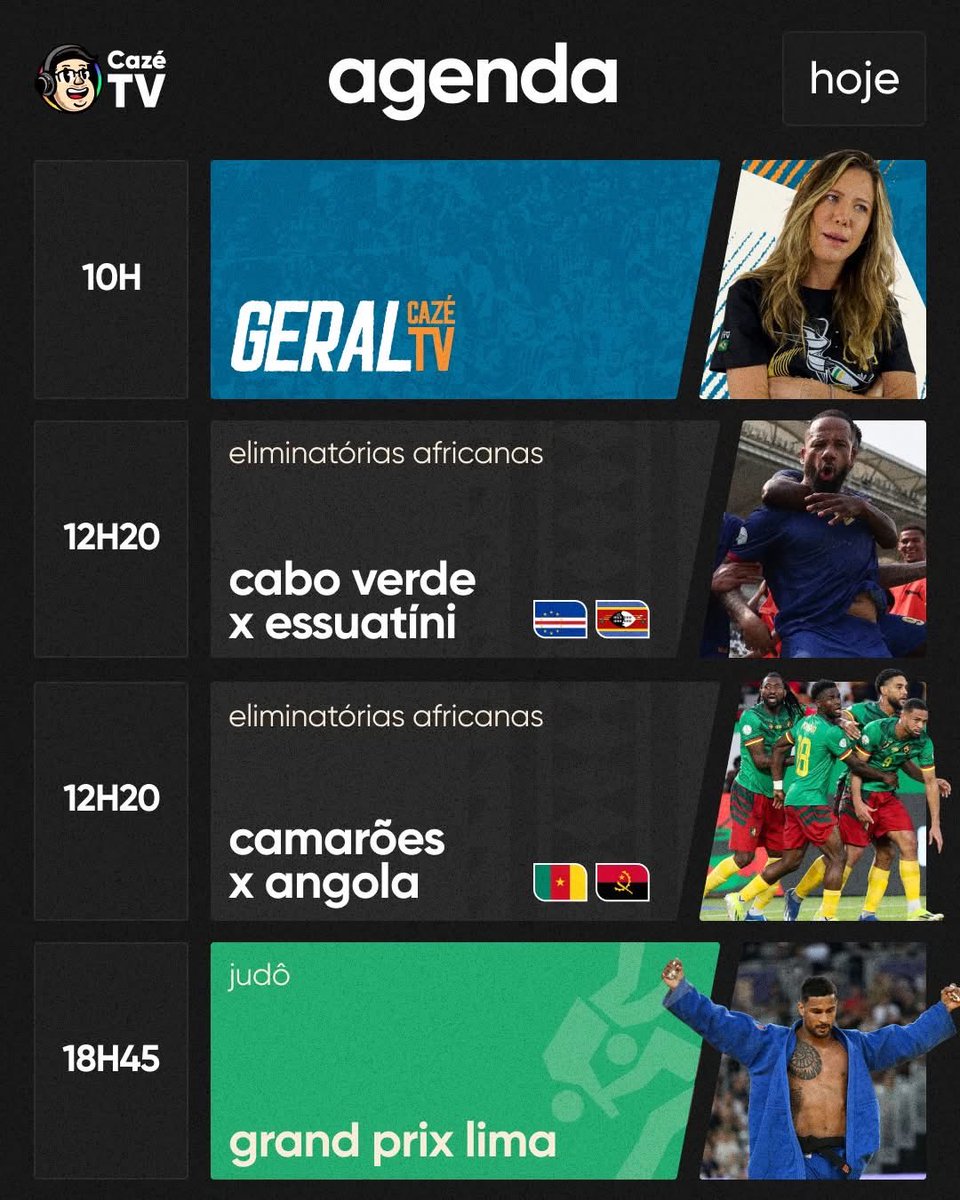Rodada decisiva do grupo D das eliminatórias africanas:

Cabo Verde pode fazer história, Camarões pode operar um milagre.

Eu? Me reencontro com Angola, onde TUDO isso começou em 2017.

12:20h te espero na <a href="/CazeTVOficial/">CazéTV</a> !