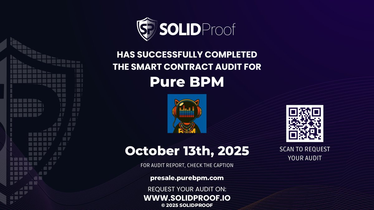 We have finished the smart contract audit process for <a href="/purebpm/">PURE BPM</a>🛡️

📷Check our findings and security score here:
app.solidproof.io/projects/pure-…

Need a Smart contract audit, KYC or development support? Send us a message, our sales team will gladly make a customized offer for you!