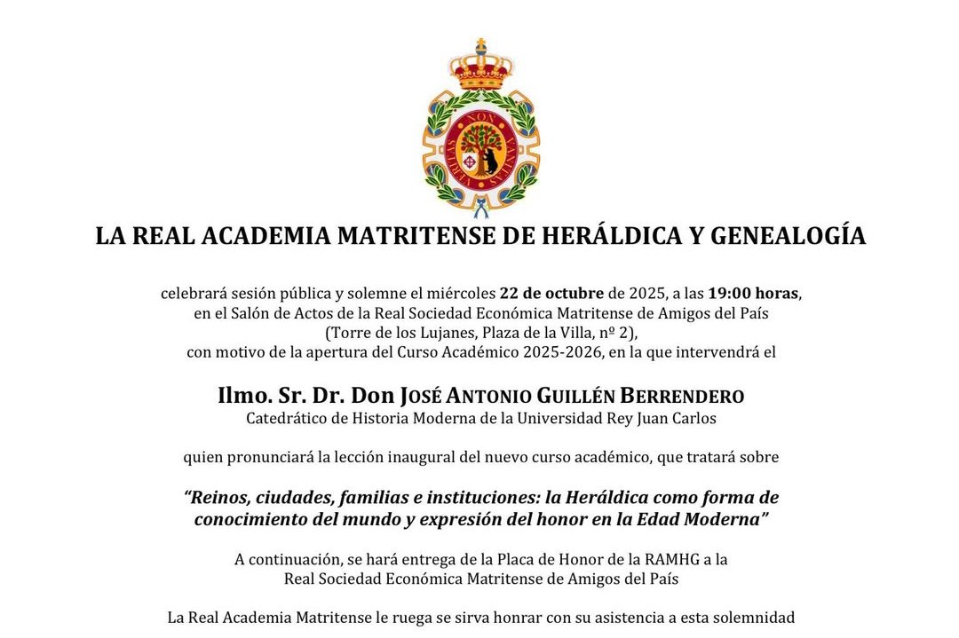 📜😊 Compartimos esta invitación de la Real Academia Matritense de Heráldica y Genealogía y trasladamos nuestros mejores deseos para el inicio de su nuevo curso académico 2025-26

🔗👉🏻ramhg.es

#SocorreEnseñando #250AniversarioMatritense 
🔗rsemap.es