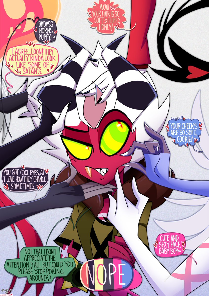 CorazonArts's tweet photo. It's no secret the #Hellaverse girls  find #Aless both hot and cute. So they felt like giving him a compliment! And poke him, much to his chagrin.
Based on @gerph_art comic
#HelluvaBoss #HazbinHotel #Loona #Verosika #Vaggie #Emily #CharlieMorningstar #beelzebub #HelluvaBossFanart https://t.co/yqpNIYjFIk