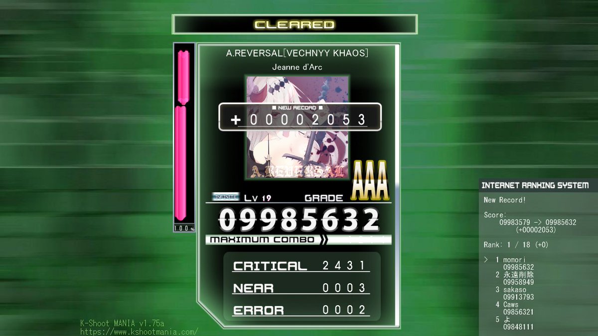 momorimori__'s tweet photo. A.REVERSAL[VECHNYY KHAOS] / Jeanne d'Arc
[IN] Lv19 CLEARED! (SCORE: 09985632)
#CCCP_KSM #kshootmania
 これ嫌いな材料でもおいしい~ くらいじゃなく、食べれない材料で錬金術をした感じ、感動しました https://t.co/tN3UkCGlB3