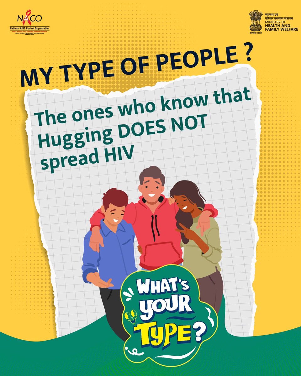 MoHFW_INDIA's tweet photo. Hug without hesitation, support without stigma!
HIV is not transmitted through hugging. Let’s replace misconceptions with facts and foster compassion.
#ThisIsMyType #HIVAwareness #AIDSAwareness https://t.co/THzHjWQgEj