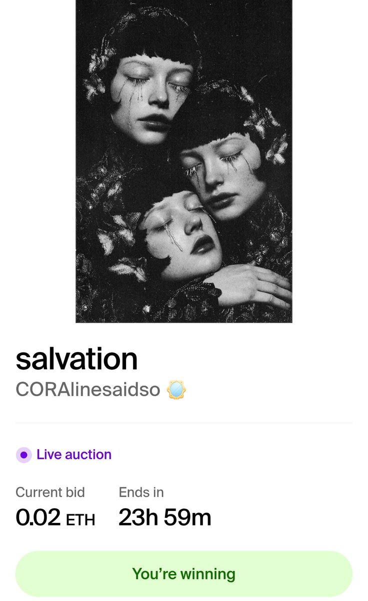 hamidehhos's tweet image. Opened the auction on this magnificent piece by @coralinesaidso 🖤

foundation.app/mint/base/0xC0…

Don't miss the opportunity to own a masterpiece from #BetweenUs gallery 🪄