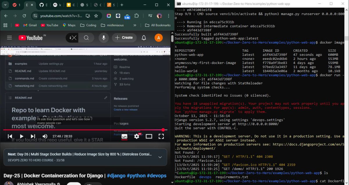 anymesssssss's tweet image. Day 16 of #100DaysOfDevOps — Part 3 🐳
Right now I learned to Dockerize a Django app (via Abhishek Veeramalla).
- Wrote a Dockerfile
- Fixed port mapping (-p 8000:8000)
- Understood ENTRYPOINT vs CMD
-Solved “works on my machine” issue
#Docker #DevOps #Django