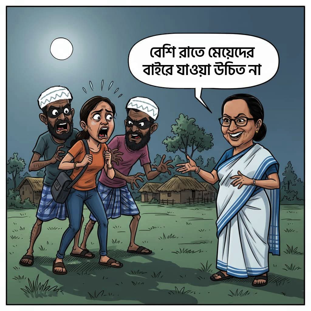UtpalBrmn's tweet photo. আজকের বাংলার কঠোর বাস্তবতা - 
মুখ্যমন্ত্রী মমতা ব্যানার্জী সম্প্রতি বলেছেন, “মেয়েদের রাতের বেলায় বাইরে যাওয়া উচিত নয়।”

এ ধরনের মন্তব্য, নারীর স্বাধীনতাকে শিকলবন্দি করার মনোভাবকে স্পষ্টভাবে প্রতিফলিত করছে। https://t.co/0hNL7GJLbA