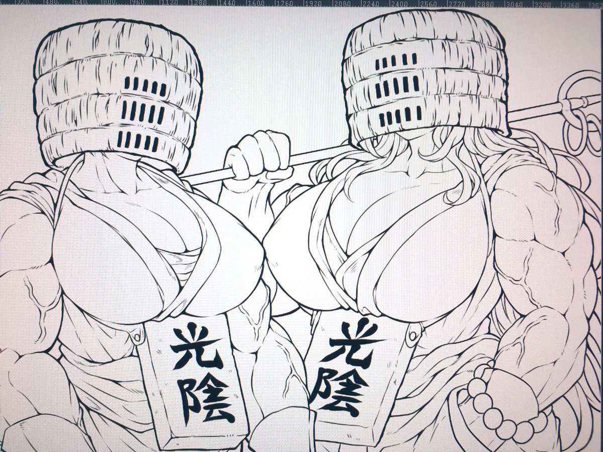 線画出来ました。
ムキムキな虚無僧の女の子達を描いてます^_^ 