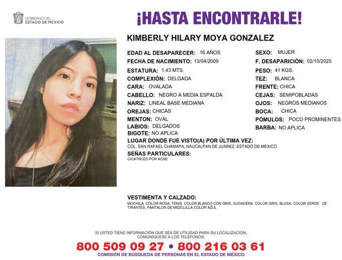 Diario_Supremo's tweet photo. 🔴 Kimberly Hilary Moya González de 16 años de edad, NO DESAPARECIÓ, SE LA LLEVÓ UN SUJETO

La joven estudiante del #CCH Naucalpan, fue vista por última vez tras ir a un cibercafé en el Estado de México

Hoy familiares y amigos exigen respuestas urgentes de las autoridades.

Taekwondo, gimnasia y ballet, así era la vida Kimberly Moya, estudiante hoy buscada por familiares y amigos 

Desde el 2 de octubre, Kimberly no ha regresado a casa. 

🔴 8 mujeres y niñas están desaparecidas en #Naucalpan desde agosto

#Edomex #Toluca #Texcoco @delfinagomeza @FiscaliaEdomex #USA #4T #UNAM