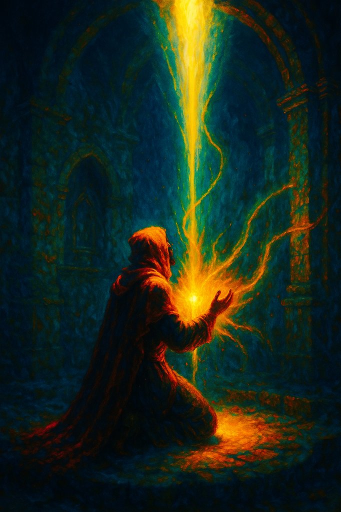 The light reached for me, not as mercy, but memory. It asked nothing, only shared its warmth until I could no longer tell where it ended or I began. Something ancient merged into me, and the silence feels less alone. Who was I now? Not just me.

#PulpFable #fantasyart #digitalart