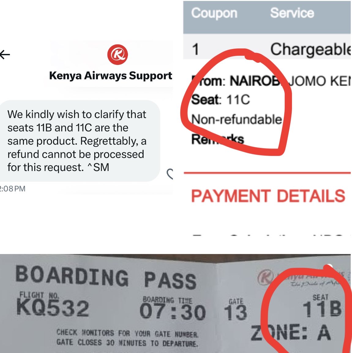femotee's tweet photo. ⚠️ Heads-up to travellers. I paid for an aisle seat (11C) on @KenyaAirways , but was forced into a middle seat (11B) at boarding — no refund, no accountability. If you upgrade, you risk being downgraded without recourse!

@KenyaAirways @Kilavuka @KCAAOfficial @KQSupport 
@NigeriaCAA @FCCPC_NG @Consumers_Kenya @KECOPAC_KE @CAK_Kenya @CAK_Kenya (Competition Authority of Kenya)

#PassengerRights #TravelAlert #Aviation