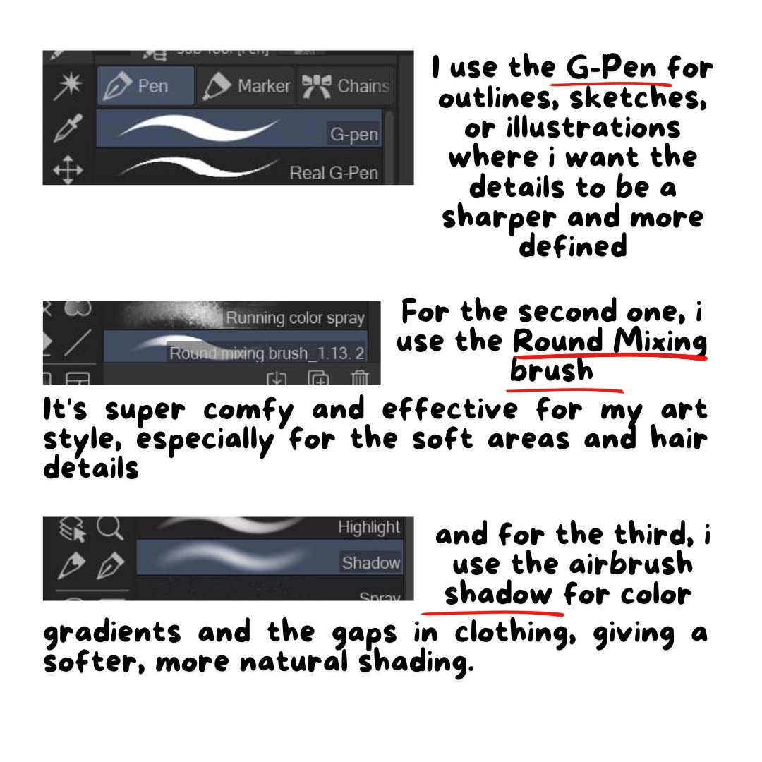 NidhVGEN's tweet image. These are my top 3 go to tools! I use for drawing in Clip Studio Paint. Hope these tips help ya out!&lt;3
#CLIPSTUDIOPAINT #tutorial