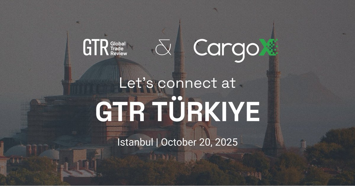 On the 20th of October Maria Mogilnaya, Tjasa Gerkman, Peter Kern and Dejan Basic will represent CargoX at GTR Türkiye in Istanbul.

Key themes this year include Türkiye’s export outlook, supply chain solutions and strategies for navigating trade cash flow.
#CargoX #GTRTurkey