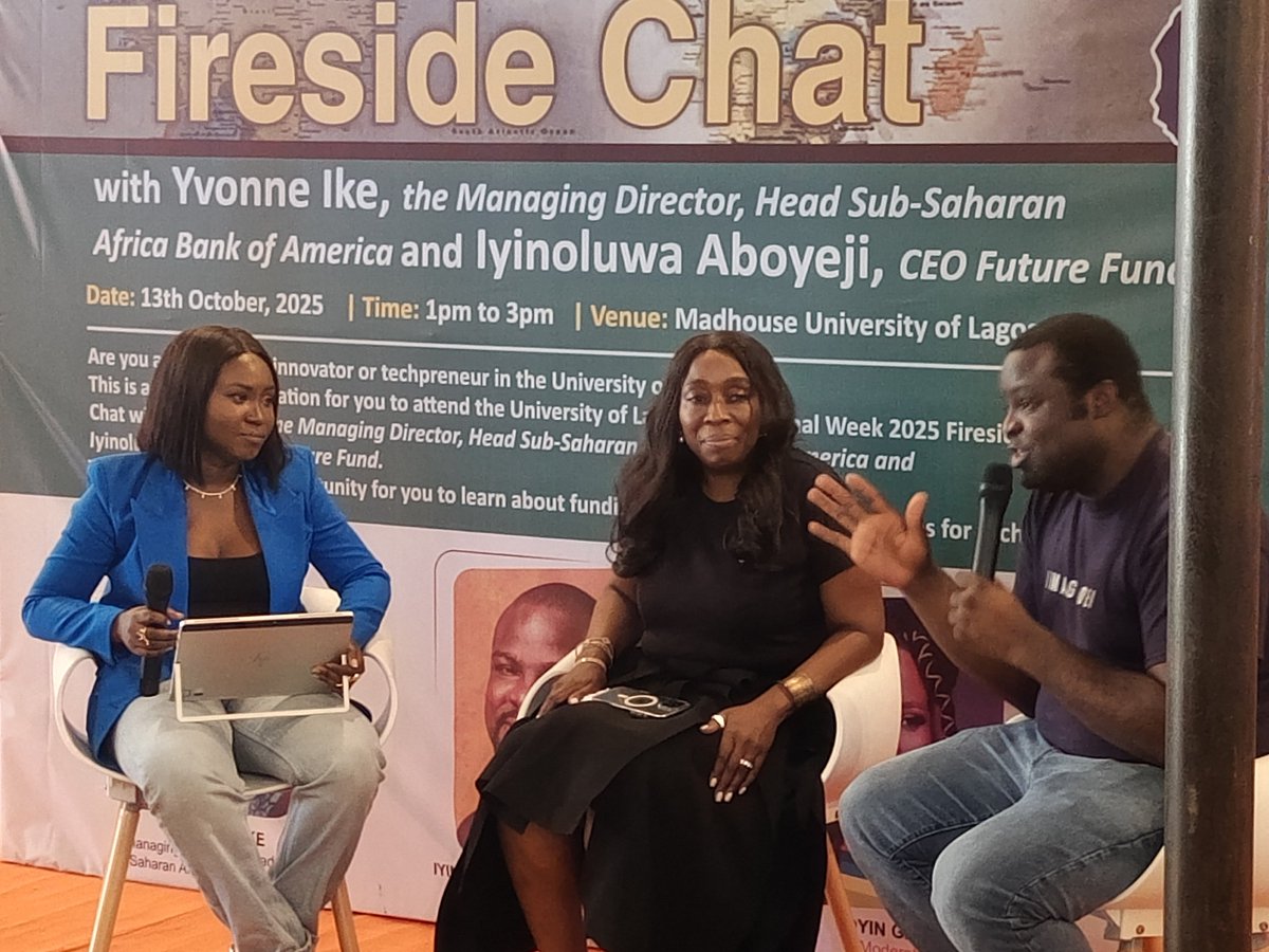 UnilagNigeria's tweet image. #Ongoing: UNILAG International Week 2025: Fireside Chat with @YvonneIke (Managing Director, Head, Sub-Saharan Africa, Bank of America and @iAboyeji (Co-founder, Andela &amp;amp; Flutterwave, and General Partner, @anafricanfuture). 

We are gathered at MadHouse to discuss all things tech