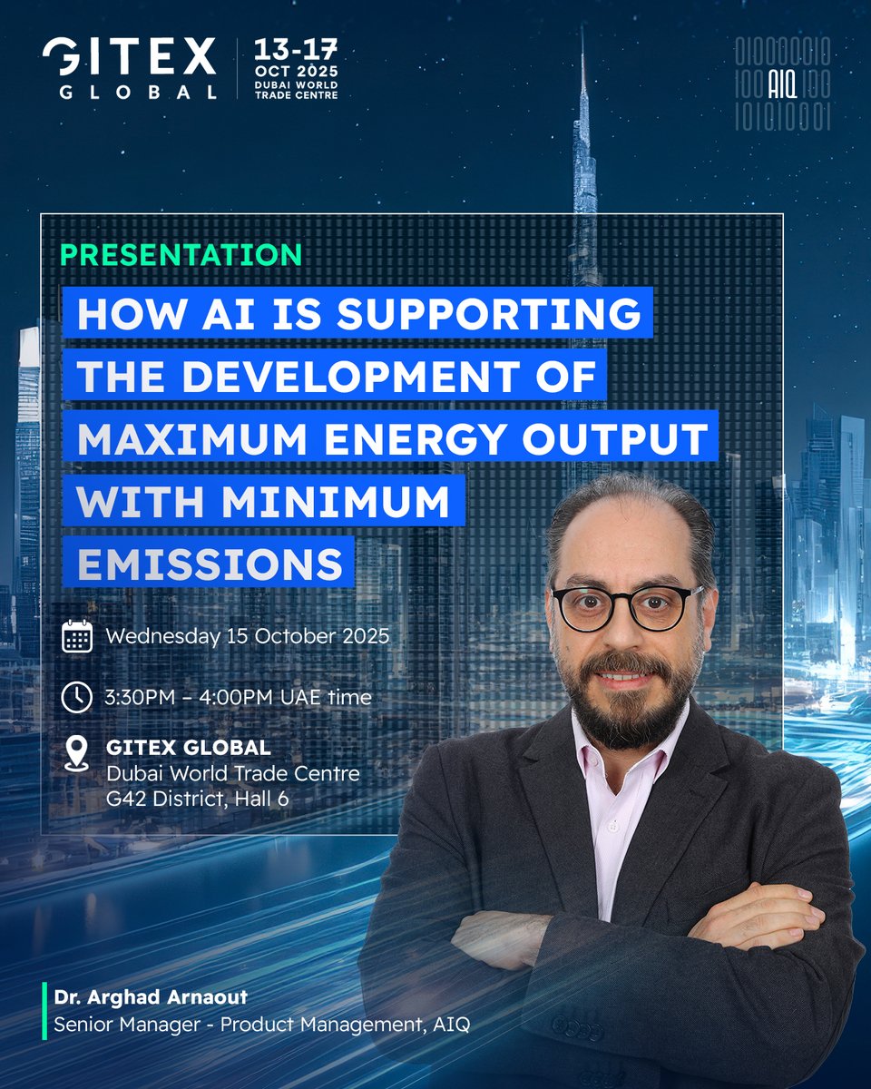 As global demand for energy rises, how can #AI make the sector supply the energy required sustainably?

Join Dr. Arghad Aranaout at <a href="/GITEX_GLOBAL/">GITEX GLOBAL</a>, as he explains how #AIQ is powering more energy with less emissions.

🗓️15 October | 3:30 – 4:00 PM
📍G42 District, Hall 6, DWTC