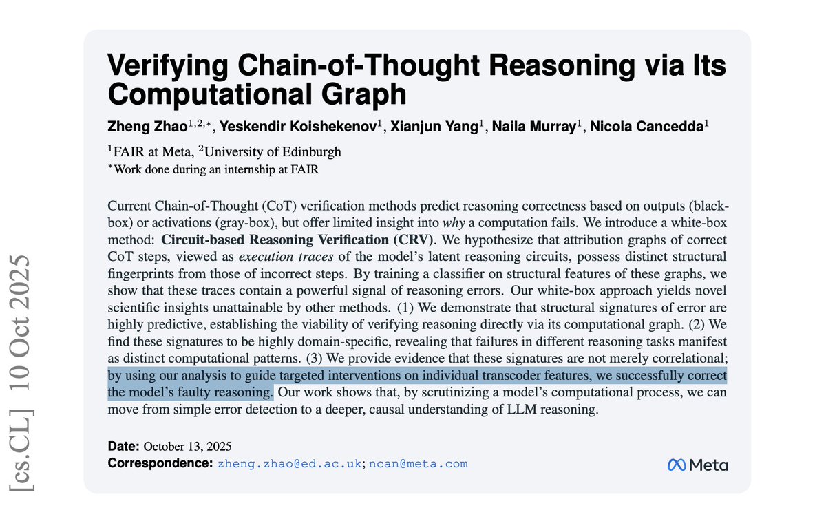 Meta just found a way to watch an AI's thought process break in real-time.

Their new method cuts error rates by 68% and reduces false positives by 41%. 

This novel Circuit-based Reasoning Verification (CRV) opens new possibilities in reliable AI.

Here's how it works:

- X-Ray: